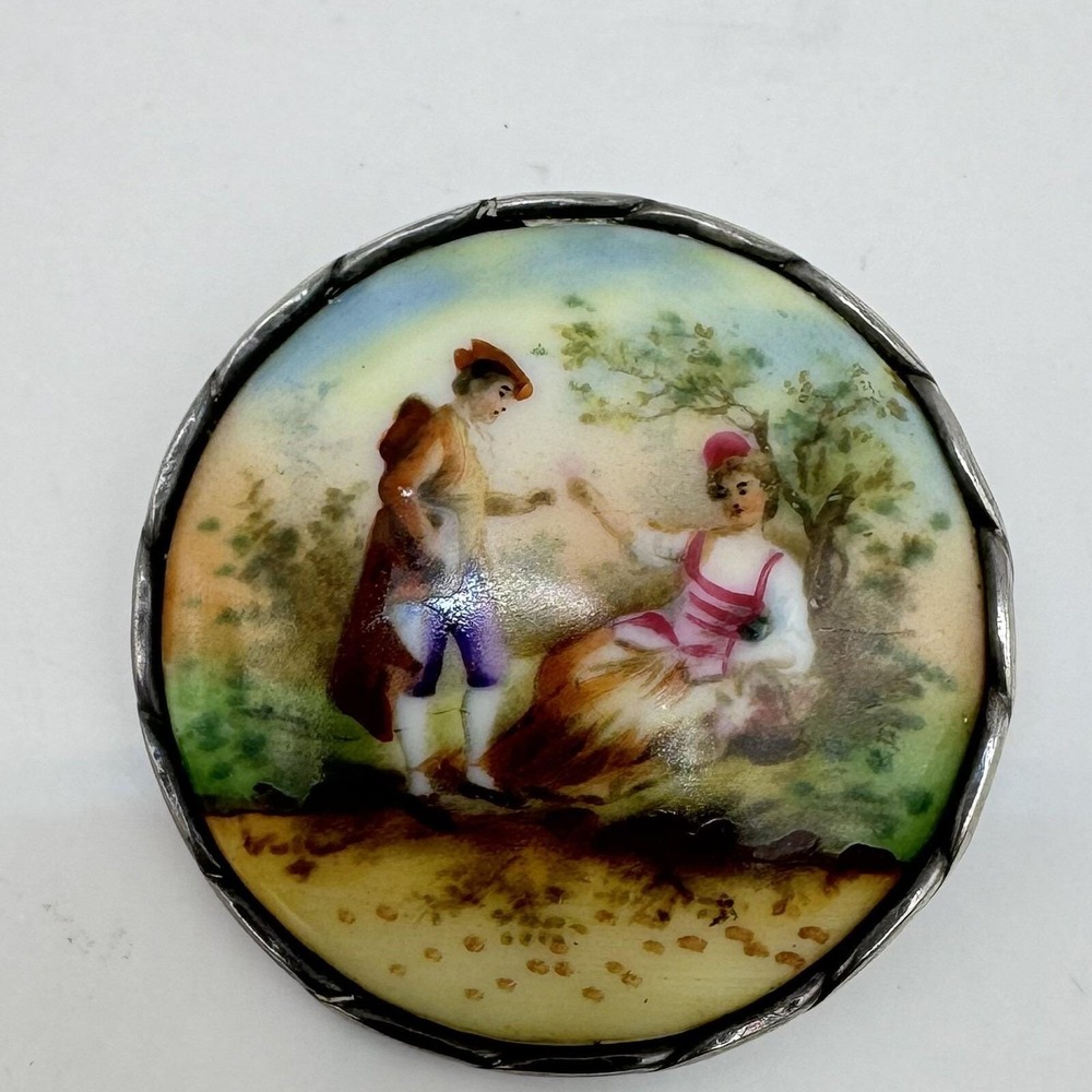 Sterling Silver Old Vintage Hand Painted Lovers Brooch